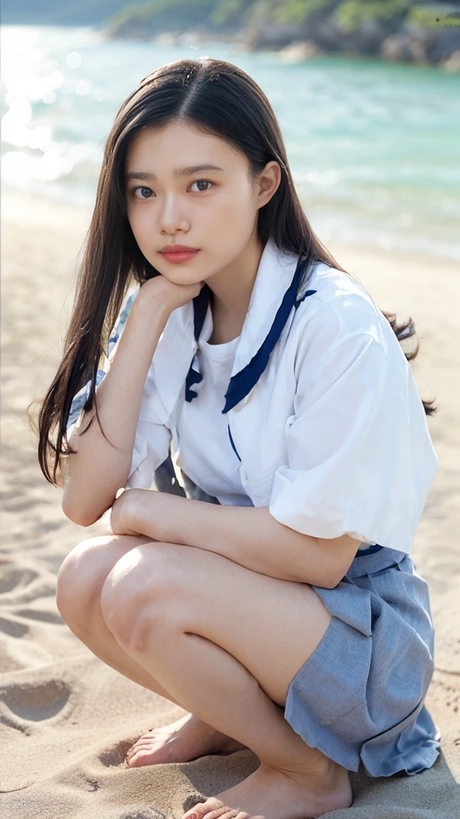 (((Top-down configuration:1.33)))、((No underwear:1.55))、One Girl、Beautiful and detailed eyes and face、barefoot、20 year old cute Japan woman, ((Extremely precise and accurate ???????:1.0)), (photo Realistic:1.4), (hyper Realistic:1.4), (最高品質のRealisticな肌の質感:1.4), (Improvement of quality:1.4), (Enhances the beauty of skin texture:1.1), Clean and glowing skin, mesh, thin:1.2, (Realistic:1.3), Realisticなライティング, (Smoother lighting:1.05), (Improving the quality of cinema lighting:0.9), Backlight, A gentle light on your face, Ray Tracing, (Bright light:1.2), 32k, One Japanese woman, fine grain, Detailed face, (Film Grain:1.1),(Accentuates body lines:1.1), High resolution, Natural look, Kind eyes, Improves hair quality, Delicate light and shadow, Transparent muscles, Graceful pose, Beautiful Eyes, Sharp details, Soft light reflection, Beautiful contours, Delicate skin tone, Fine hair texture, Natural background, (((sunny day、Beach、A strong wind is blowing、Her hair and skirt are flying、Squat, Traditional navy blue sailor uniform、Open shirt、Pleated skirt、Scooping seawater with hands:1.25、splash、Sandy Beach、Light of the sun、clear blue sea、The waves crash quietly、Blue sky and white clouds、green mountain々、Beautiful Nature、The joys of youth)))、