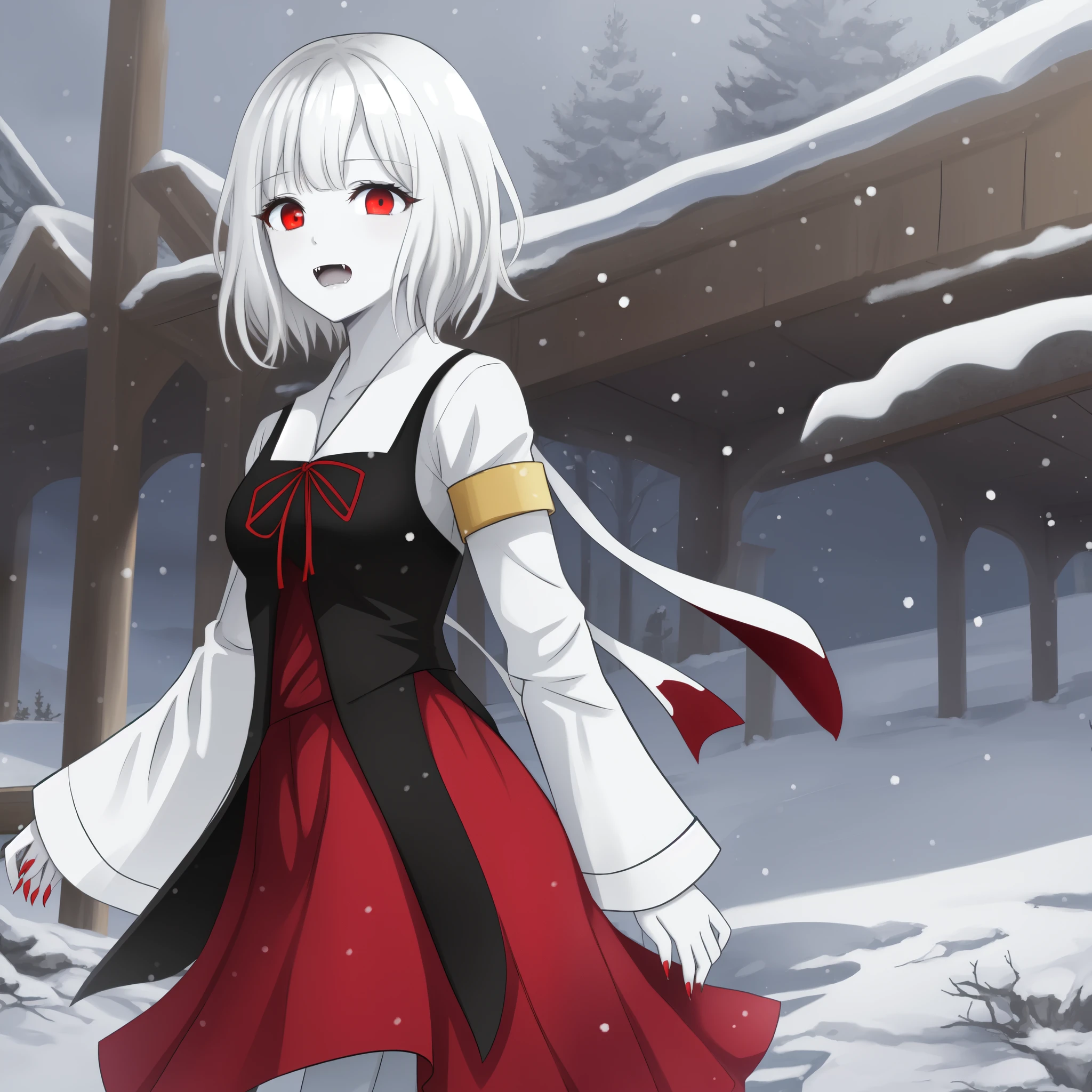 masterpiece、Highest quality，High resolution，snow-white skin、Pure white hair、Vampire Iino Miko、Red eyes、Pure white skin、Red nails、In uniform、skirt、Pure white hairの毛、In uniformで立っている、Very Short Hair、Muscular、Has some fangs、Shiny eyes、Height 180 cm