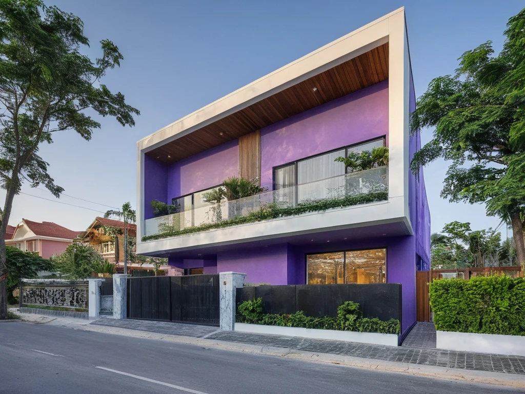 modern purple townhouse on street, (sunset), tropical tree, purple vivid colour, streetcapes, purple tone, purple wall, large glass door, (warm interior lighting:1.2), wood and marble, best quality, puple color walls and detals, 18ArchiAI_VL-v1