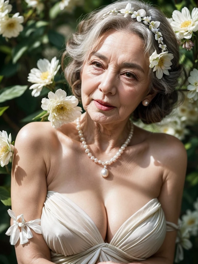 Beautiful elderly woman, cute,sexy,80 years old,,sexy,Wear a pearl necklace, Flowers in her hair, hair bunches, holding a little bunch of white flowers in her hand, posing with flowers, old woman, Ultra big Big long droopy mature saggy soft tits:1.6, Breasts, Curly Hair, big nipples, mature nipples