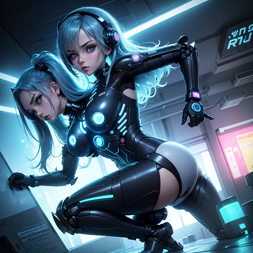 A girl in a doggy style pose stands with her back to the camera on her knees showing her ass Android girl with long blue hair in a blue suit with small blue elements woman sexy hips half cyborg modification Beautiful sexy, Demon, Anime Style background Cyberpunk metropolis glass showcase neon lights style, Robot Girl, gloomy image background with white glow lines night black city and neon lights of dark blue color