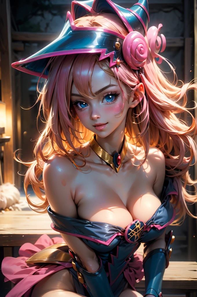 Beautiful face of dark magician gils naked blue eyes. pink lips. Long blonde hair. bare shoulders, angelic smile, beautiful well detailed face of dark magician gils. blowing a kiss. sexy kiss . naked breasts. Nice big and beautiful breasts.