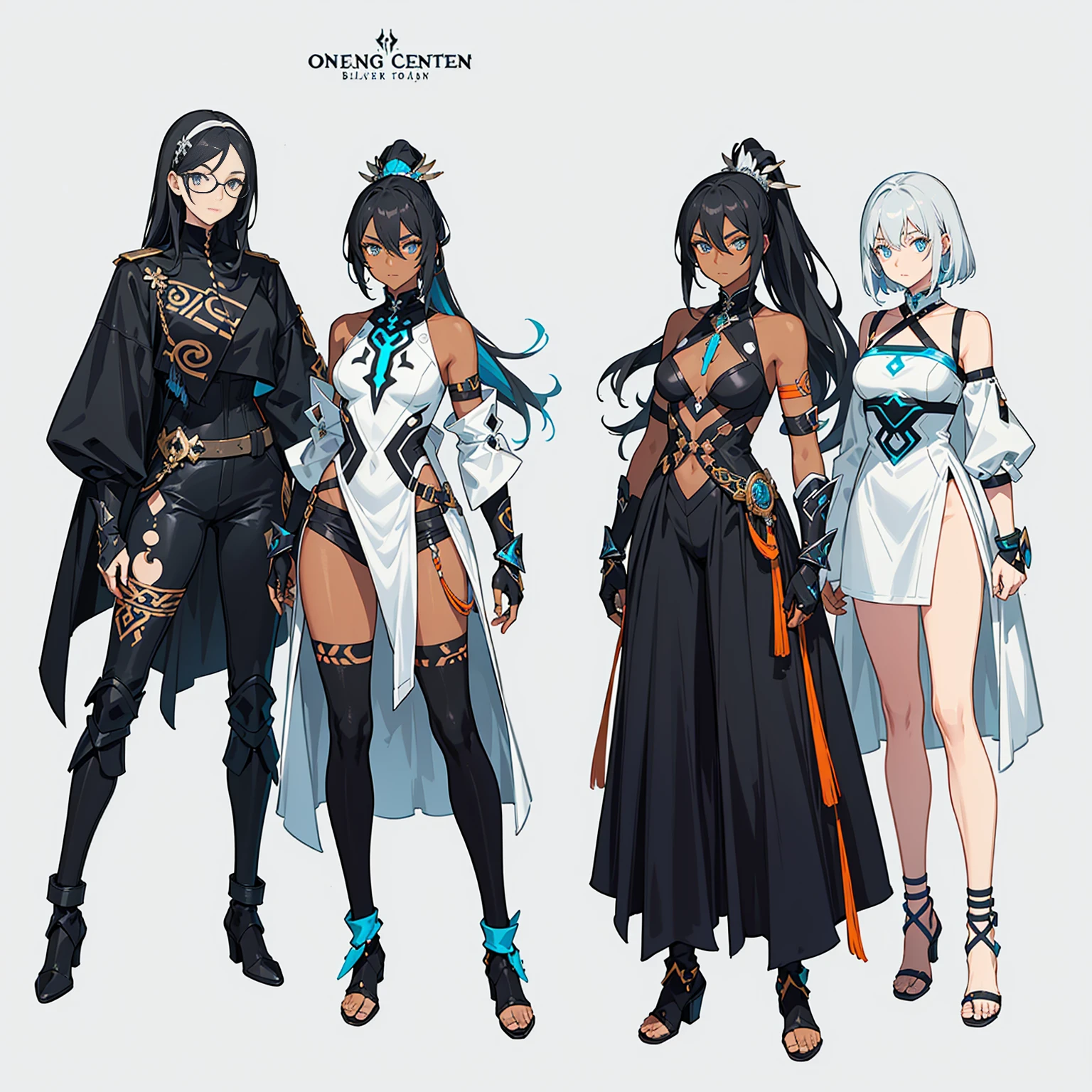 (((concept Art))), (((One character))), Female, (((Dark Skin)))), Black Hair with Ponytail, Light Blue Eyes, Round Glasses with a Slightly Dark Lens with this Lens being Orange, and the Light Blue Color frame, ((Black Metallic Gauntlets and Greaves with silver and Silver Highlights)), (((The Clothes Have a Mix of Modern and Tribal))), (((The Clothes Have a Mix of Modern and Tribal))), having mostly the color black, but having parts in silver, shoulders exposed, at the hip a pants that extend to half of the thigh of black color.