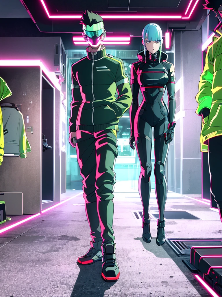 Male, fully cybernetic, full cyborg, military special forces cyborg, wearing tactical dark green jacket with popped collar, complete cybernetic body and fully cybernetic head, head covered by full-face visor, fully cybernetic form, robotic body, fully in frame, standing at attention, hands at sides, lone figure, sole person, Cyberpunk Edgerunners style