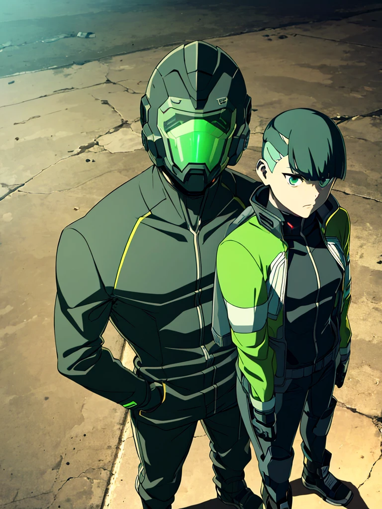 Male, fully cybernetic, full cyborg, military special forces cyborg, wearing tactical dark green jacket with popped collar, complete cybernetic body and fully cybernetic head, head covered by full-face visor, fully cybernetic form, robotic body, fully in frame, standing at attention, hands at sides, lone figure, sole person, Cyberpunk Edgerunners style