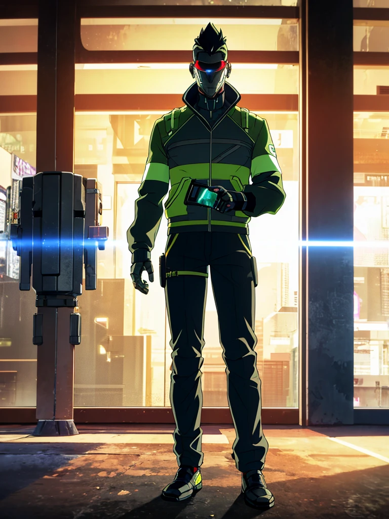 Male, fully cybernetic, full cyborg, military special forces cyborg, wearing tactical dark green jacket with popped collar, complete cybernetic body and fully cybernetic head, head covered by full-face visor, fully cybernetic form, robotic body, fully in frame, standing at attention, hands at sides, lone figure, sole person, Cyberpunk Edgerunners style