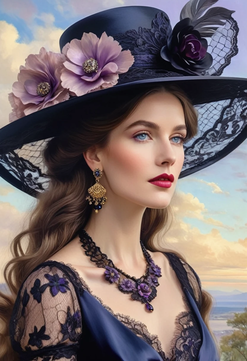 Timeless grace of an Edwardian lady, dark blue eyes captured in a pastel gouache painting, black lace and tulle flower hat, long flowing hair, lace necklace with amethyst jewels, earrings, intricate floral black satin dress and detailed, shoulders showing, (((perfect half length))), in the background a sky full of golden houer, a breathtaking image, 8k, UHD.