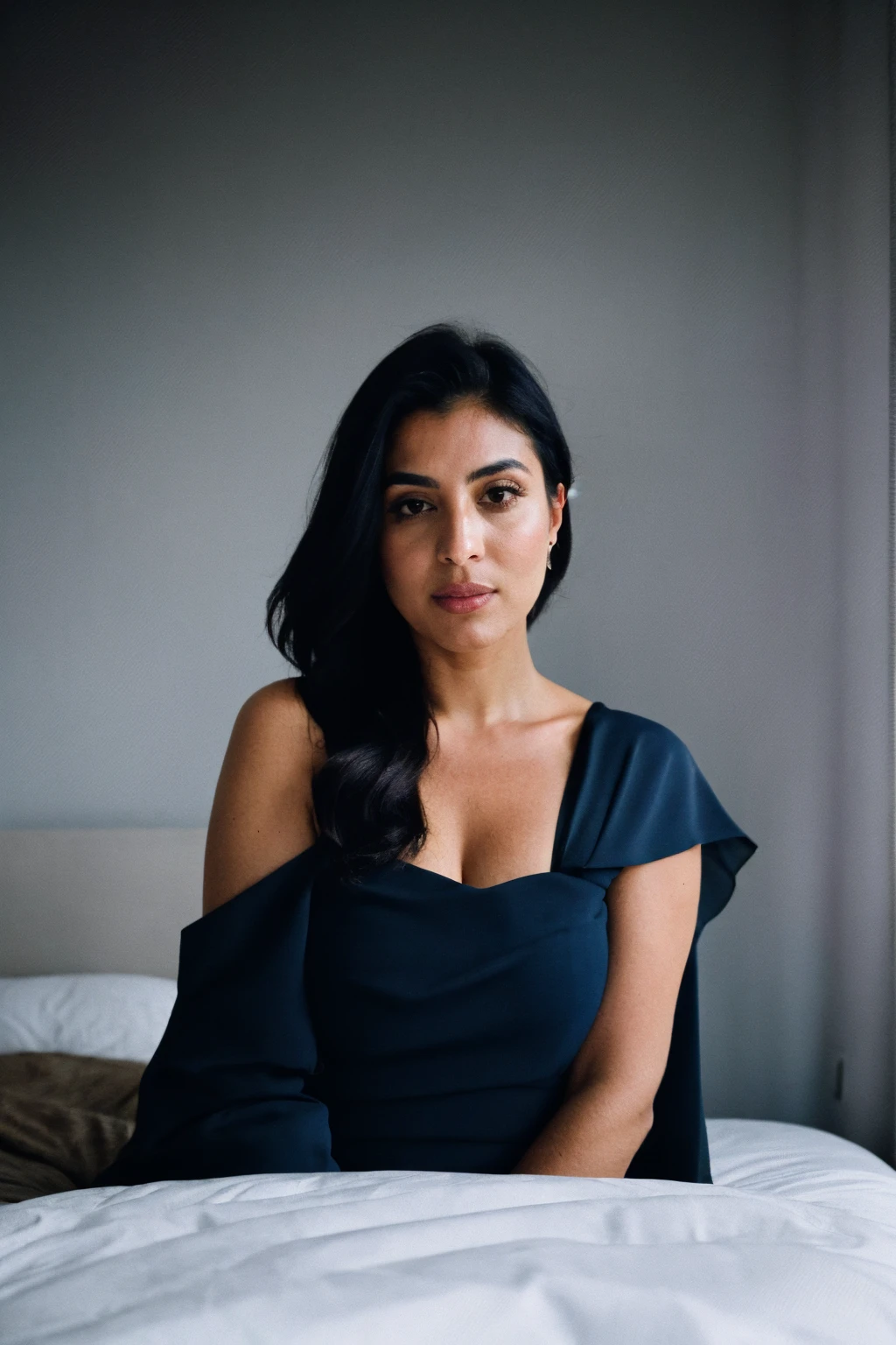 RAW photo,dark,moody,hazy atmosphere,35mm focal lenght,underexposed,cold,candid photograph,artistic,full body,photo of a beautiful,high-society,rich,elegant,30yo Iranian woman,detailed skin,naked,Kaftan, looking at viewer, thick body structure,grey background,no background, candid pose,dim room,blue light, film grain, kodak color, instagram LUT