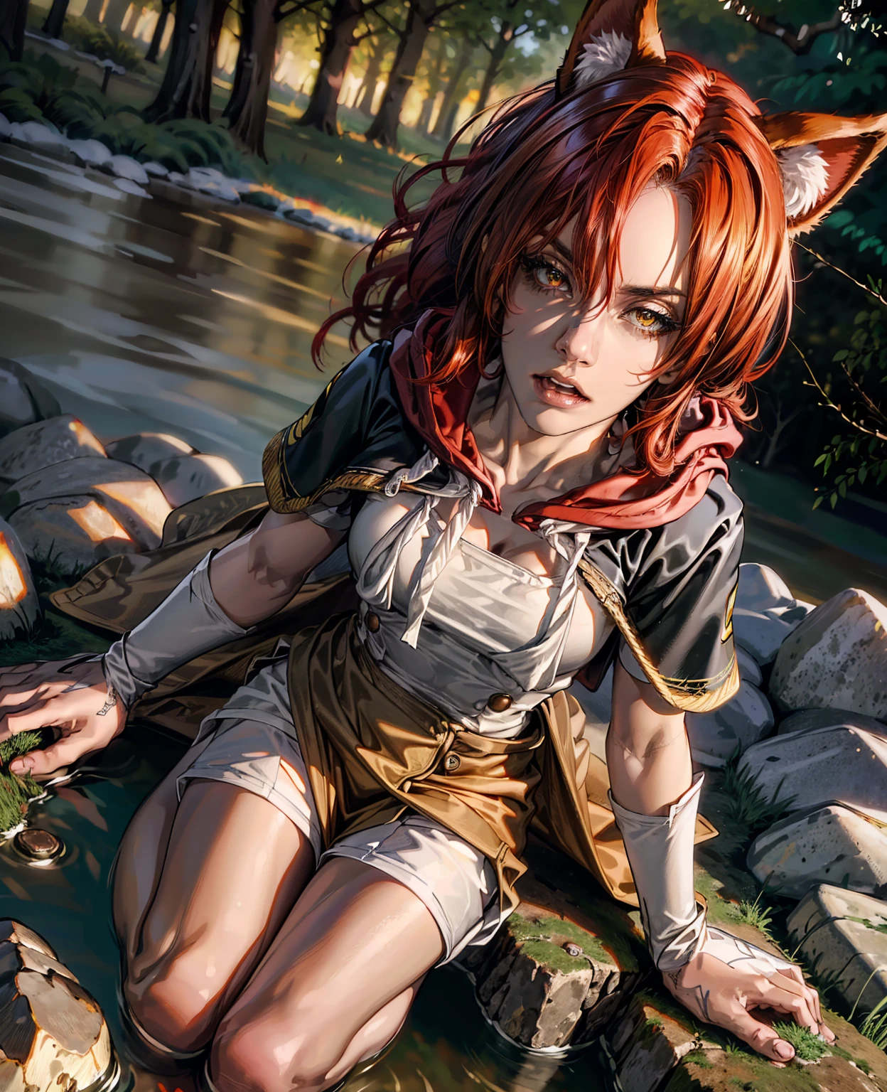 8k, best quality, (photorealistic:1.4), raw photo, 1girl, red hair, animal ears, blue hooded cape, ears sticking out, pose: sitting on a rock in a forest river, yellow eyes,  -