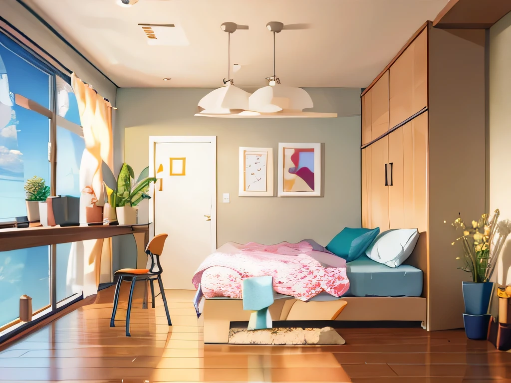 masterpiece,Highest quality,Highly Detailed CG Unity 8K Wallpaper,scene,Girl's Bedroom,Pendant lamp,Large side bed,Vanity,carpet,curtain,Air conditioning,reluctant machine