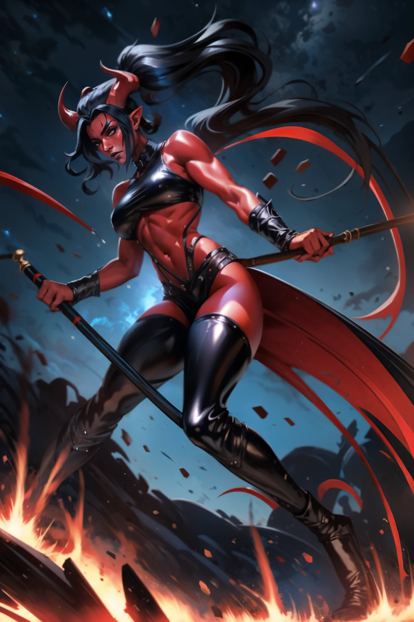 Red skin succubus tiefling, medium breasts, black horns, wings, huge tail, black leather, crop top, long flowing pelvic curtain, tall, toned, graceful, thin, long black ponytail. Action scene, whip. Dark scene, explosions, night sky.