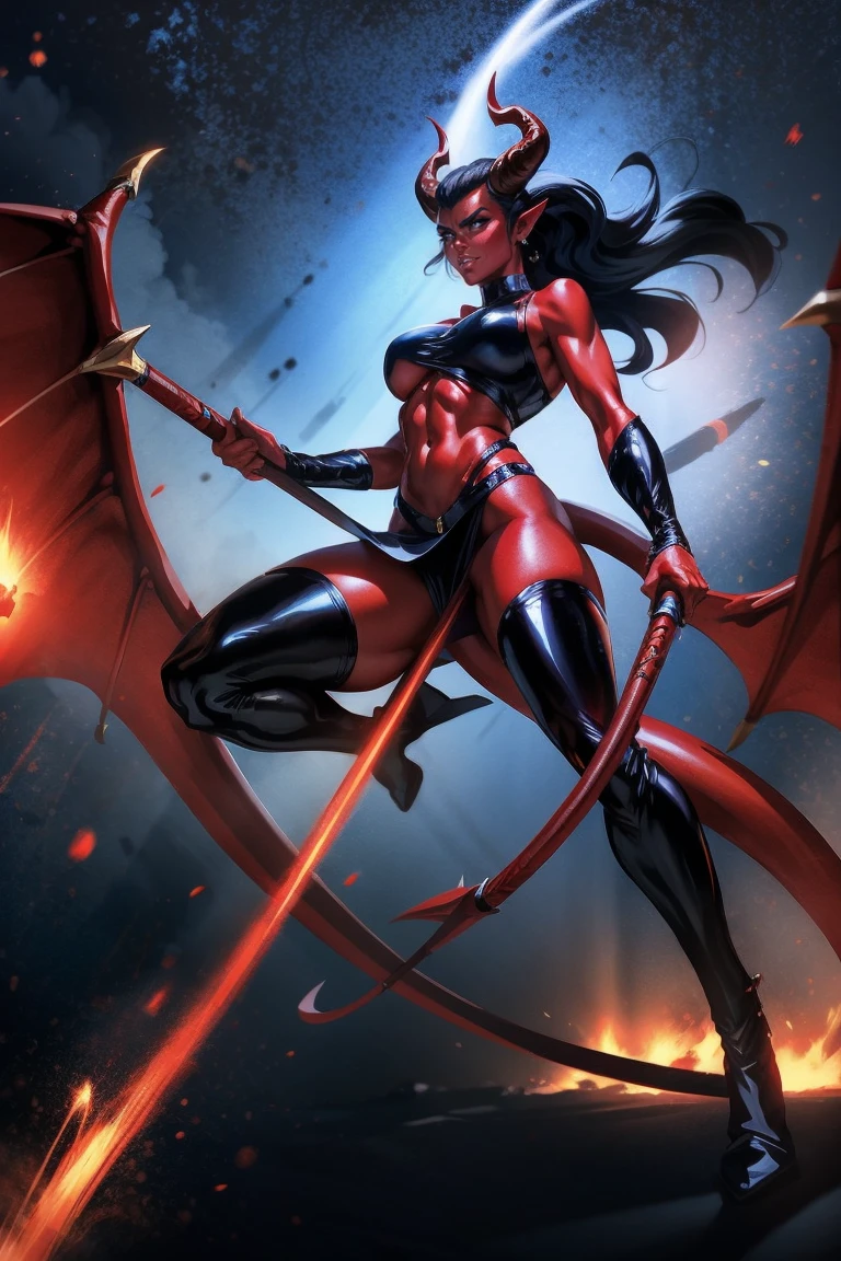 Red skin succubus tiefling, medium , black horns, wings, huge tail, black leather, crop top, long flowing pelvic curtain, tall, toned, graceful, thin, long black ponytail. Action scene, whip. Dark scene, explosions, night sky.