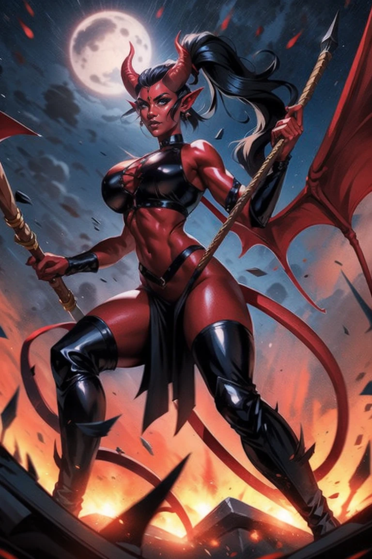 Red skin succubus tiefling, medium breasts, black horns, wings, huge tail, black leather, crop top, long flowing pelvic curtain, tall, toned, graceful, thin, long black ponytail. Action scene, whip. Dark scene, explosions, night sky.