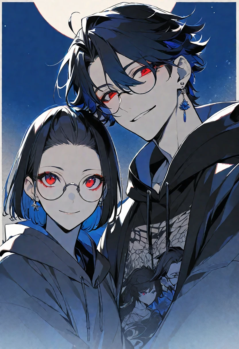 独奏, handsome, monotone,
1. male, 
hime cut,Straight Hair,Bob Hair, 
black hair, 
Gojo Satoru ,
red Eyes,Soft look,beautiful,Darkness,Lots of silver earrings,blue rose tattoo,
black hoodie ,smile,skin, Round Glasses ,
simple background,
moon,star sky