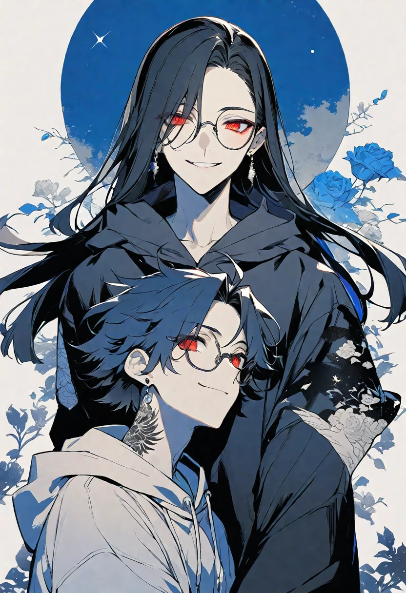 独奏, handsome, monotone,
1. male, 
hime cut,Straight Hair,Bob Hair, 
black hair, 
Gojo Satoru ,
red Eyes,Soft look,beautiful,Darkness,Lots of silver earrings,blue rose tattoo,
black hoodie ,smile,skin, Round Glasses ,
simple background,
moon,star sky