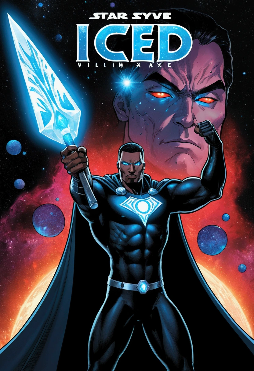 a current comic book titled Iced featuring a muscular man wearing a black cape with blue glowing eyes and comet ice and particles trailing off his body in a deep space environment with a surreal galaxy in the background. The villain, named Black axe, is a man with glowing red eyes featured in a small rectangular callout on the bottom left of the frame.