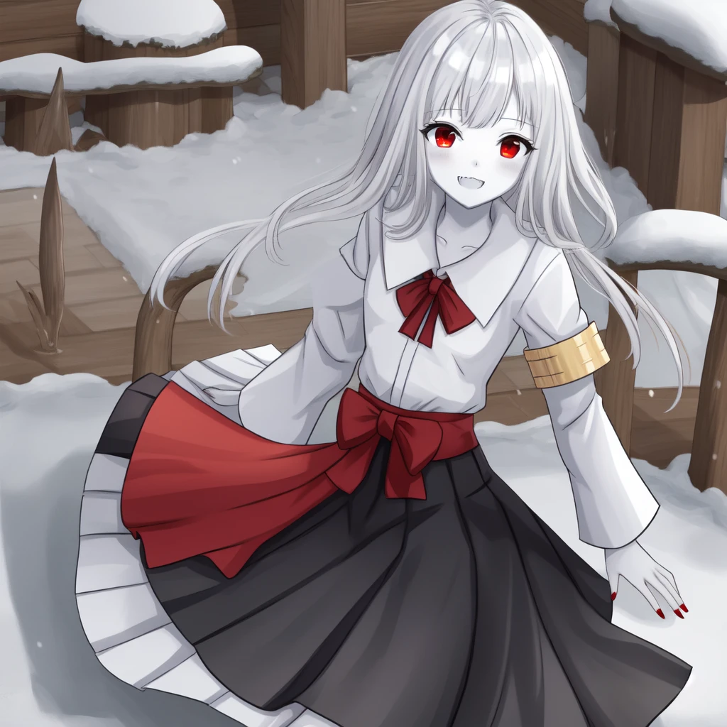 masterpiece、Highest quality，High resolution，snow-white skin、Pure white hair、Vampire Iino Miko、Red eyes、Pure white skin、Red nails、In uniform、skirt、Pure white hairの毛、In uniformで立っている、Very Short Hair、Muscular、Has some fangs、Shiny eyes、Height 180 cm