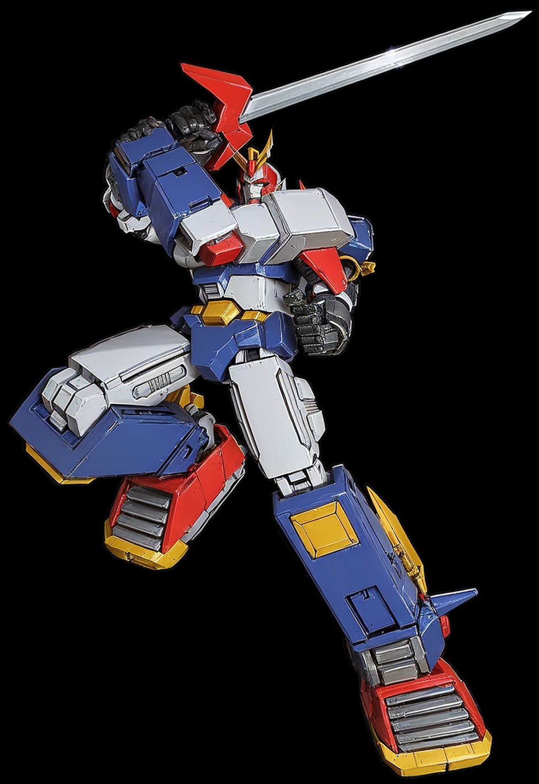 a close up of Voltes V with a sword in its hand, from Bandai, greek god in mecha style, mecha inspired, # mecha, robot mode, cool mecha style, tfwiki. net photography, tfwiki.net photography, mecha, transformers armada!!!!!, comic book style battlemech, soundwave, high detailed official artwork, official art