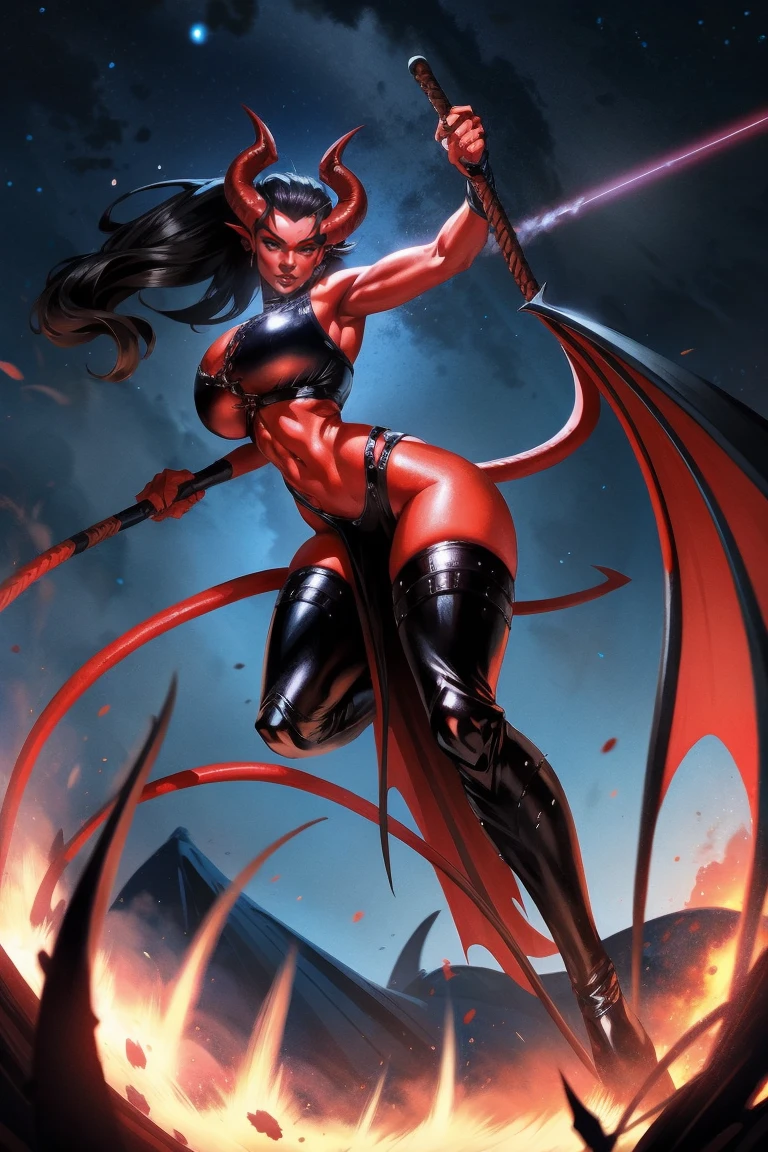 Red skin succubus tiefling, medium breasts, black horns, wings, huge tail, black leather, crop top, long flowing pelvic curtain, tall, toned, graceful, thin, long black ponytail. Action scene, whip. Dark scene, explosions, night sky.