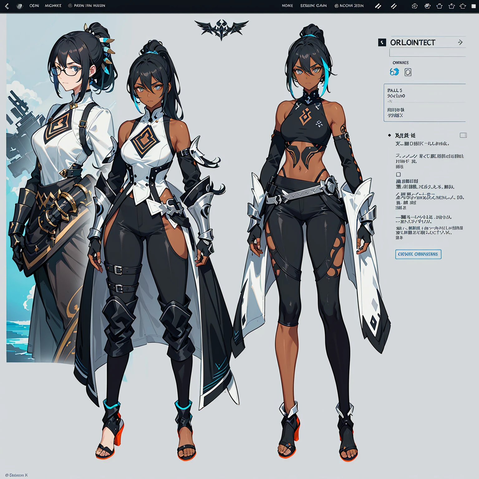(((concept Art))), (((One character))), Female, (((Dark Skin)))), Black Hair with Ponytail, Light Blue Eyes, Round Glasses with a Slightly Dark Lens with this Lens being Orange, and the Light Blue Color frame, ((Black Metallic Gauntlets and Greaves with silver and Silver Highlights)), (((The Clothes Have a Mix of Modern and Tribal))), (((The Clothes Have a Mix of Modern and Tribal))),  having mostly the color black, but having parts in silver, shoulders exposed, at the hip a pants that extend to half of the thigh of black color.