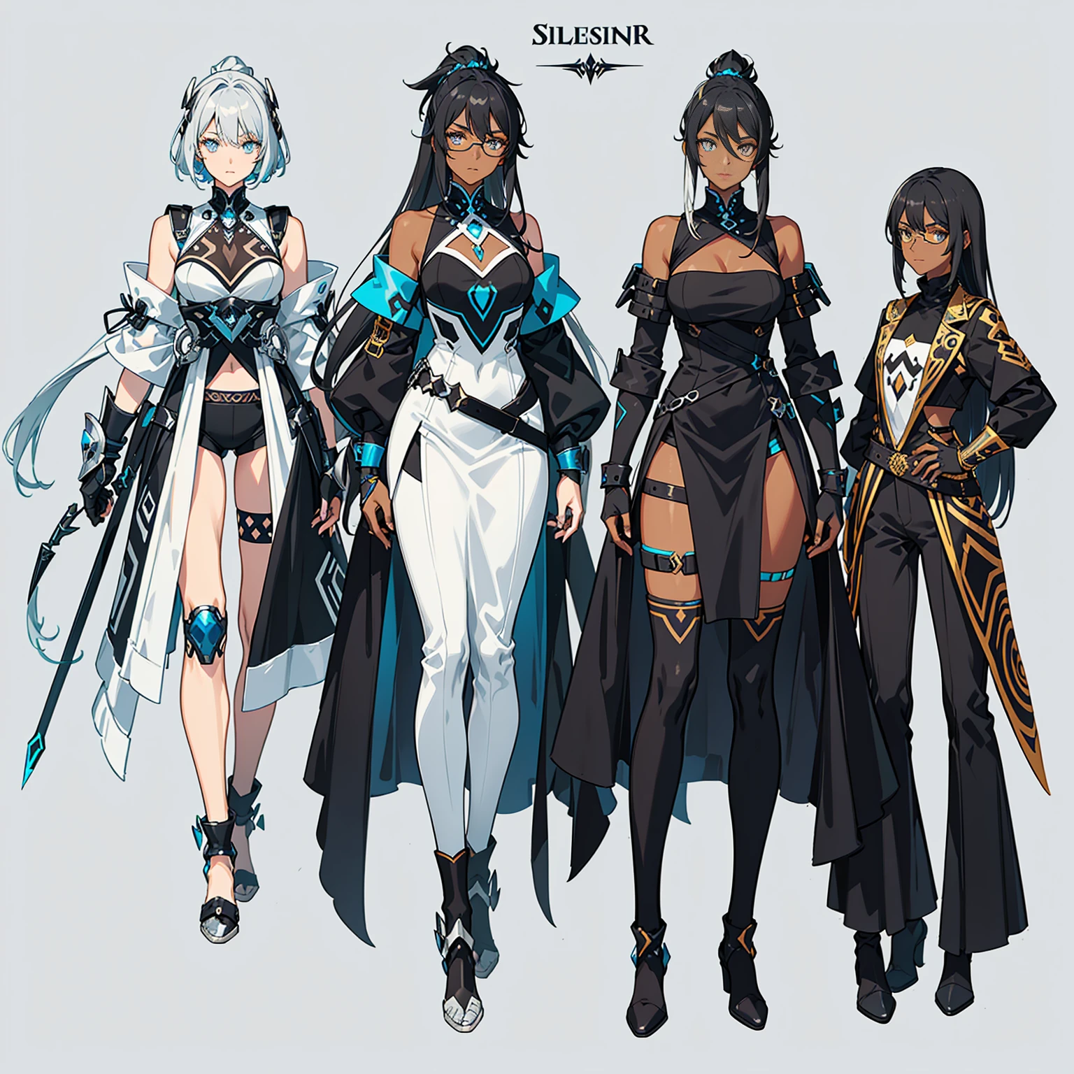 (((concept Art))), (((One character))), Female, (((Dark Skin)))), Black Hair with Ponytail, Light Blue Eyes, Round Glasses with a Slightly Dark Lens with this Lens being Orange, and the Light Blue Color frame, ((Black Metallic Gauntlets and Greaves with silver and Silver Highlights)), (((The Clothes Have a Mix of Modern and Tribal))), (((The Clothes Have a Mix of Modern and Tribal))),  having mostly the color black, but having parts in silver, shoulders exposed, at the hip a pants that extend to half of the thigh of black color.