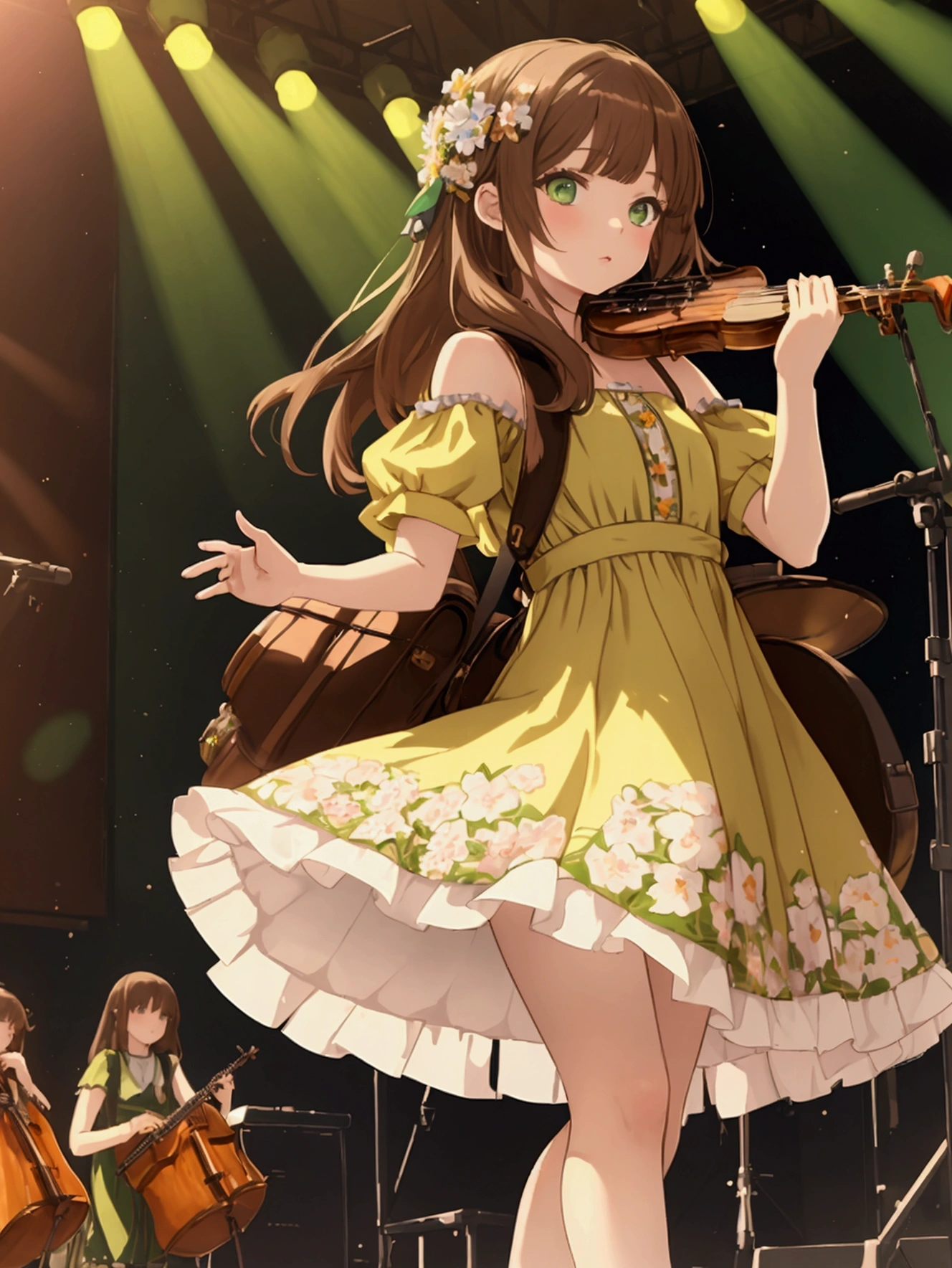 (((masterpiece))) 1 girl, anime girl, woman, green eyes, pale yellow dress, dress with flowers, brown hair, shoulder length hair, bangs, brown shoes, small leather backpack, flute, (on stage)