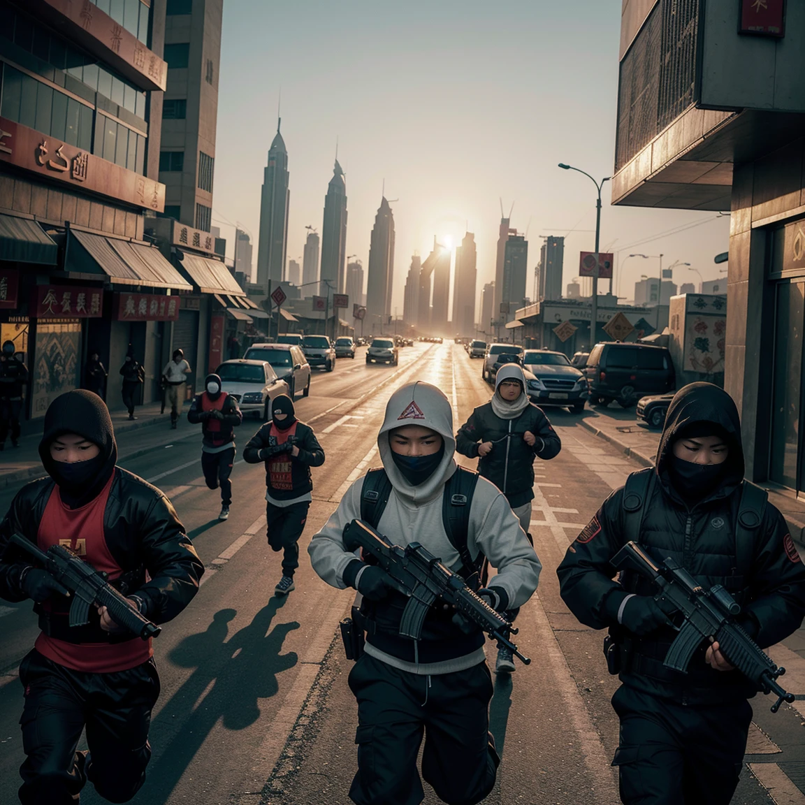 5 chinese gang members wearing a ski mask with guns , in Dubai sidewalks, ((running)), crowded traffic , establishing shots, (cinematic angle), , cinematic lighting, sunset, high resolution ,(incredibly absurdres) ,extremely detailed CG unity 8k wallpaper, ((masterpiece)), ((top-quality)), (beautiful illustration), ((an extremely delicate and beautiful))