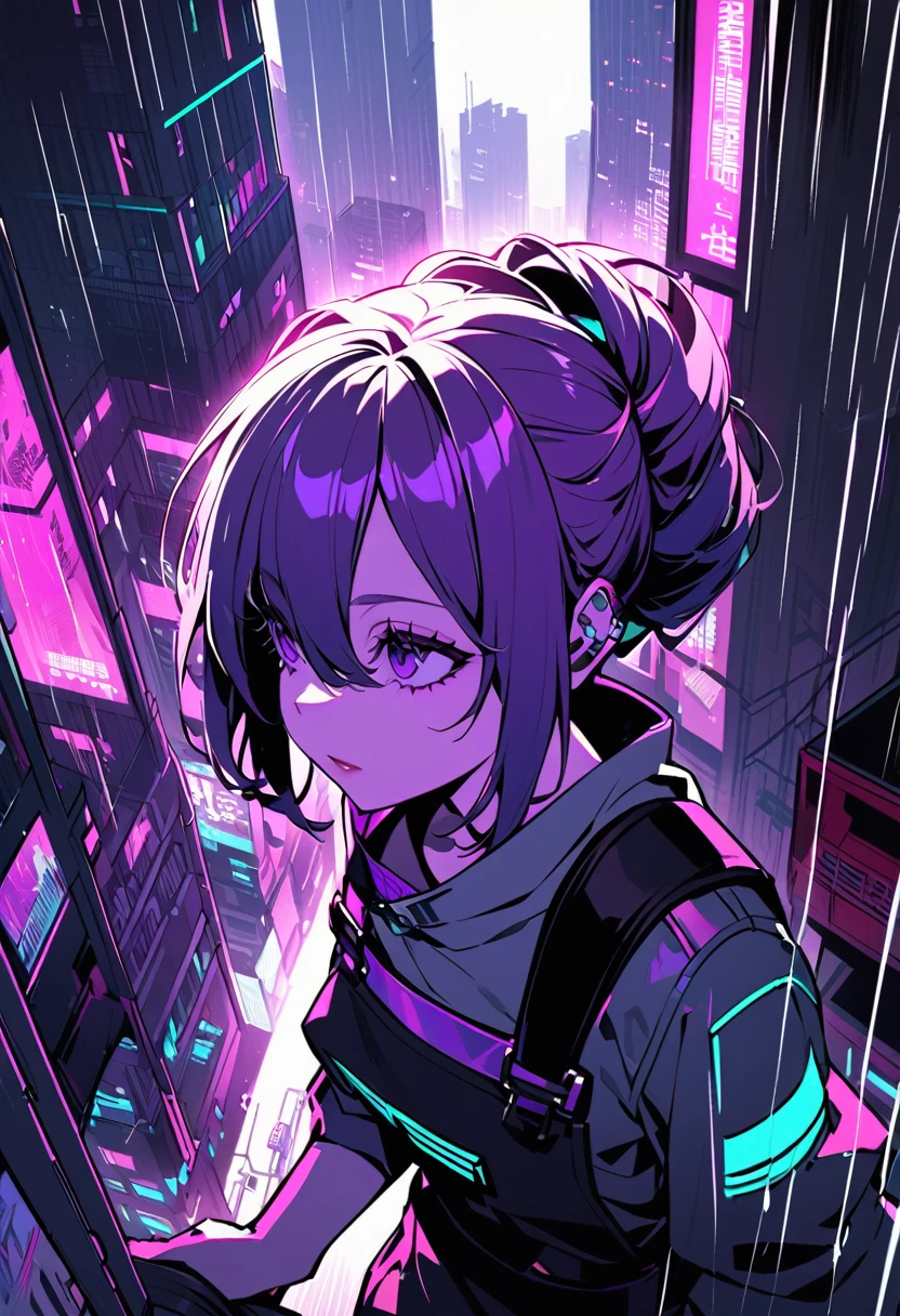 it's cyberpunk world
the places like Kowloon Walled City.
a giri looking up it.
It's raining and thunders.

hair style is short
it color is dark purple.
looks like Russian girl.
overall add shading.

　
