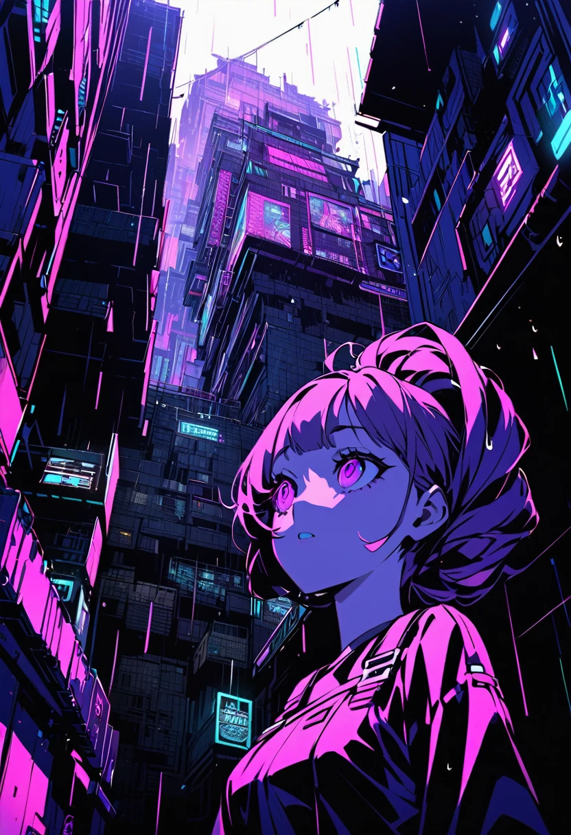 it's cyberpunk world
the places like Kowloon Walled City.
a giri looking up it.
It's raining and thunders.

hair style is short
it color is dark purple.
looks like Russian girl.
overall add shading.

　
