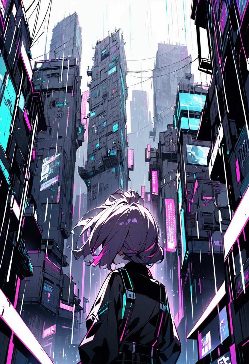 it's cyberpunk world
the places like Kowloon Walled City.
a giri looking up it.
It's raining and thunders.

hair style is short
it color is dark purple.
looks like Russian girl.
overall add shading.

　
