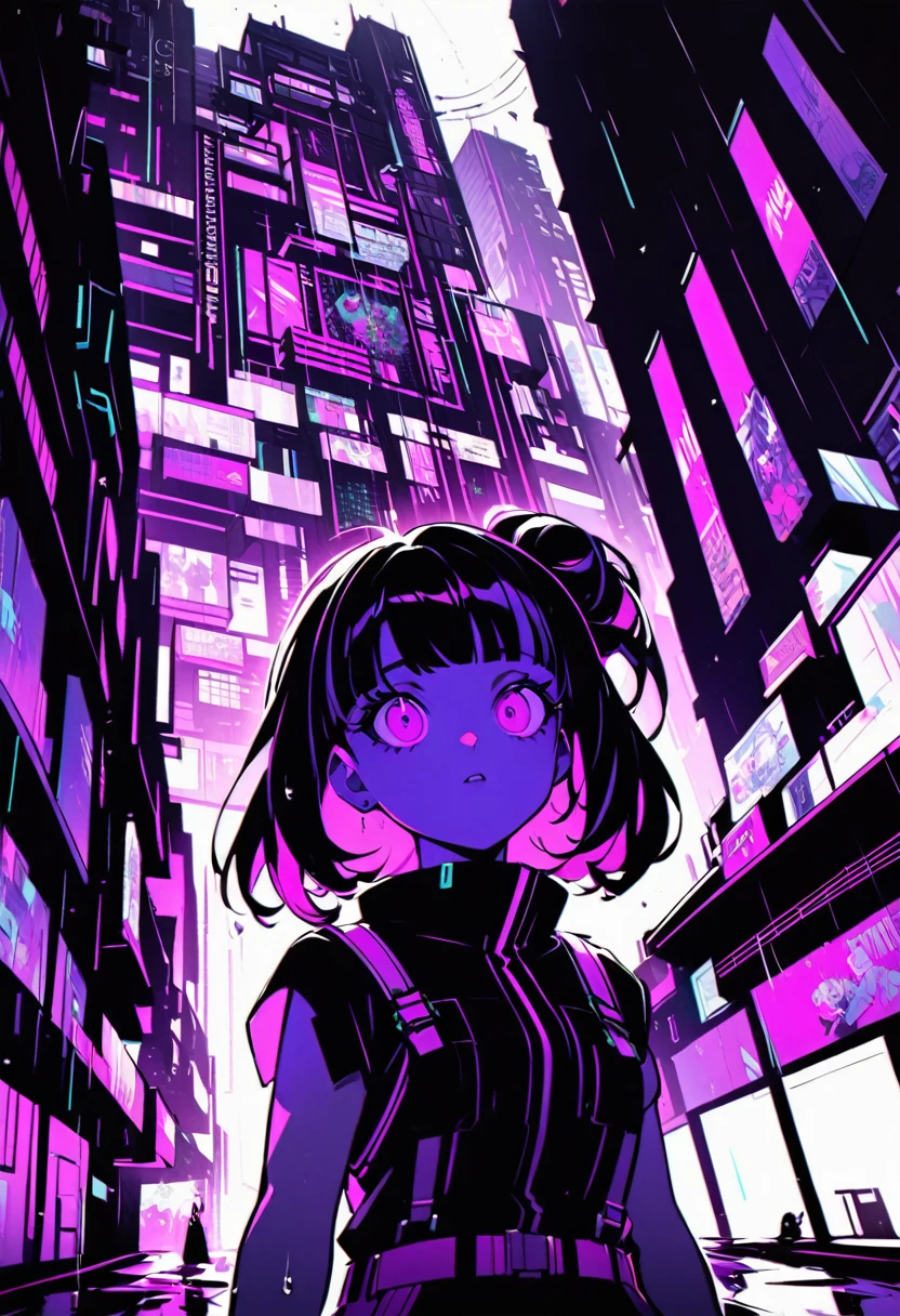 it's cyberpunk world
the places like Kowloon Walled City.
a giri looking up it.
It's raining and thunders.

hair style is short
it color is dark purple.
looks like Russian girl.
overall add shading.

　
