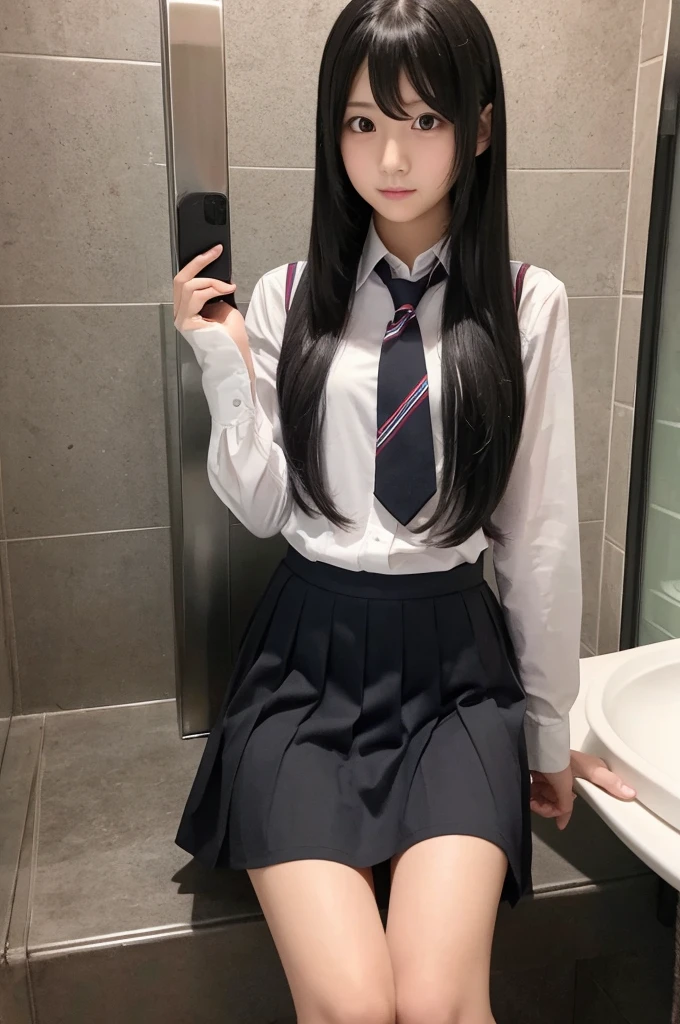 long_hair, multiple_girls, skirt, black_hair, 2girls, school_uniform, cosplay, photo_(medium), sit_toilet, cosplay_photo