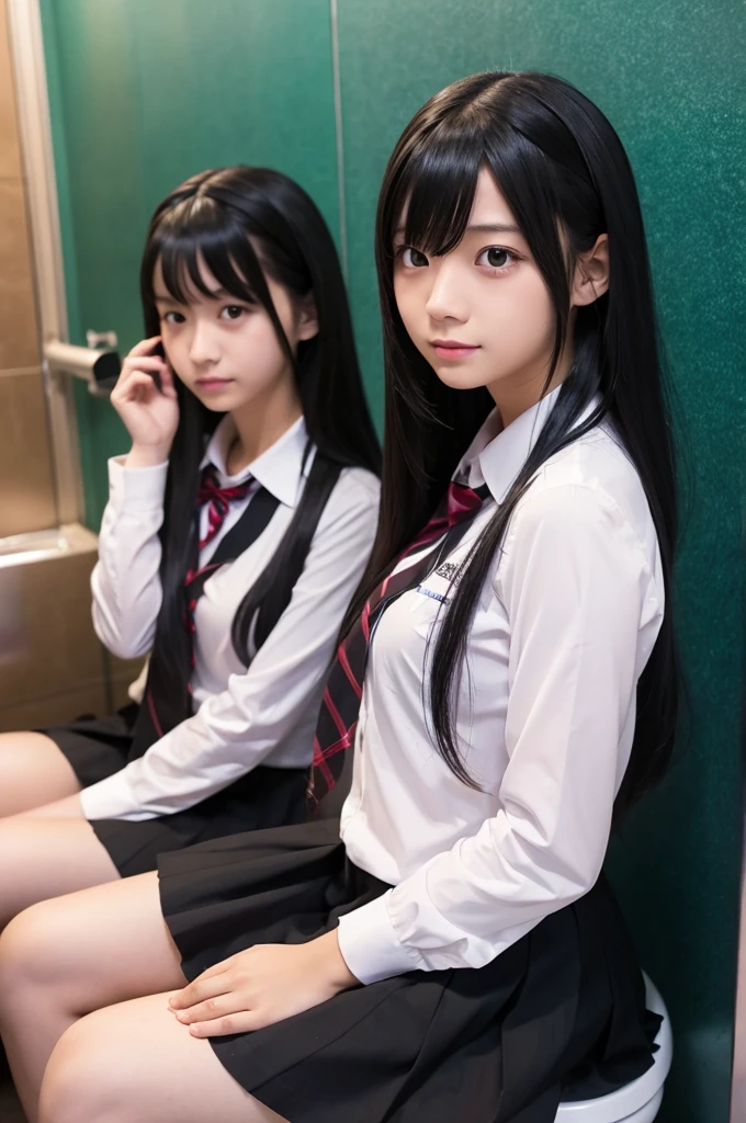 long_hair, multiple_girls, skirt, black_hair, 2girls, school_uniform, cosplay, photo_(medium), sit_toilet, cosplay_photo
