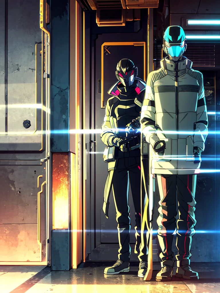 Male, fully cybernetic, full cyborg, military special forces cyborg, wearing tactical coat with popped collar, complete cybernetic body and fully cybernetic head, head covered by full-face visor, fully cybernetic form, robotic body, fully in frame, standing at attention, hands at sides, lone figure, sole person, Cyberpunk Edgerunners style