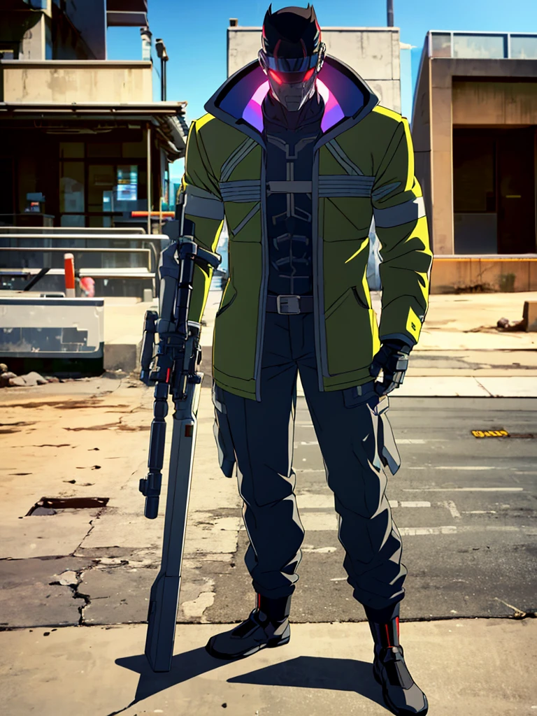 Male, fully cybernetic, full cyborg, military special forces cyborg, wearing tactical coat with popped collar, complete cybernetic body and fully cybernetic head, head covered by full-face visor, fully cybernetic form, robotic body, fully in frame, standing at attention, hands at sides, lone figure, sole person, Cyberpunk Edgerunners style