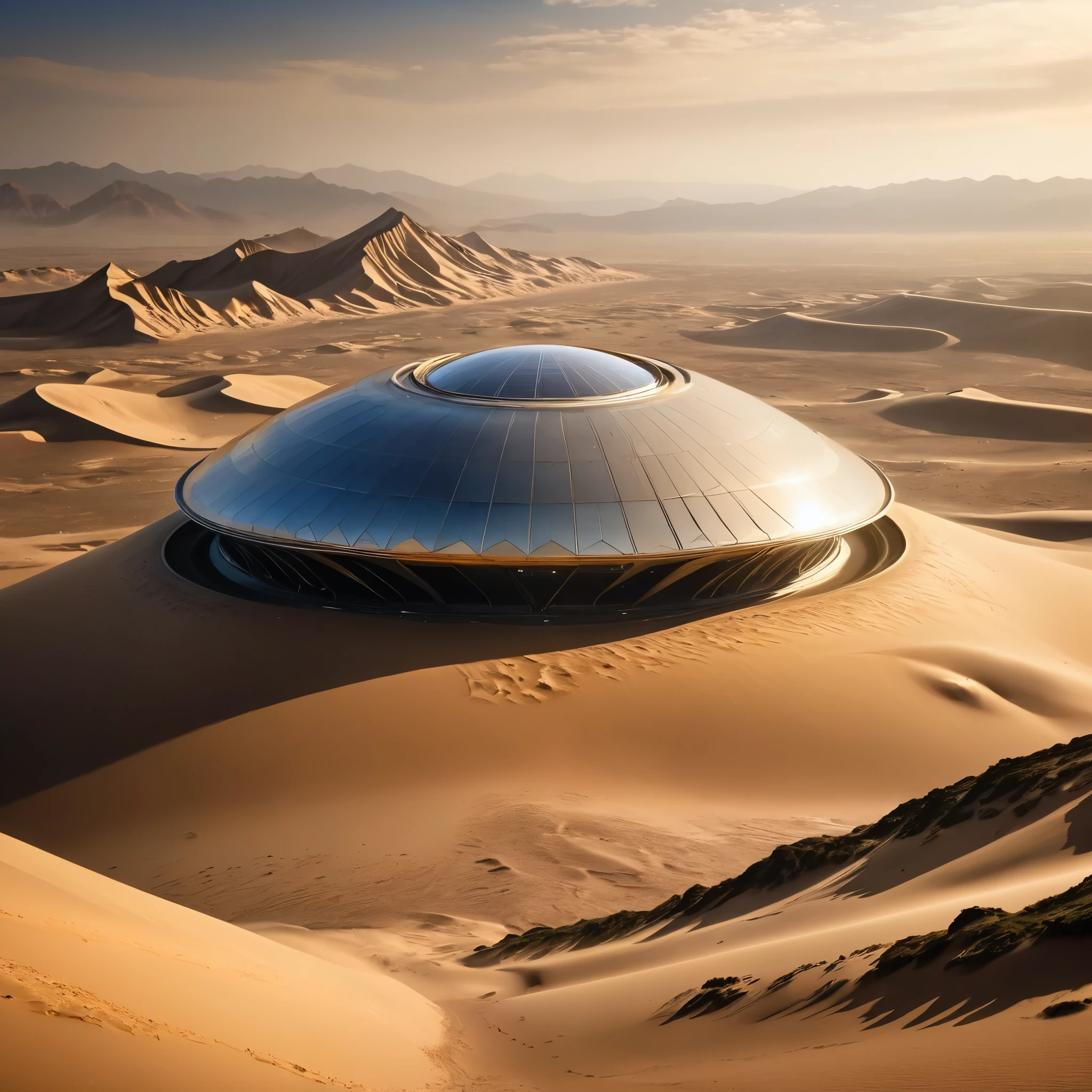 best quality, masterpiece, Ultra-high resolution, (lifelike:1.4), original photo,dune，Sci-fi scene，Architecture in the desert、Mountain Integration