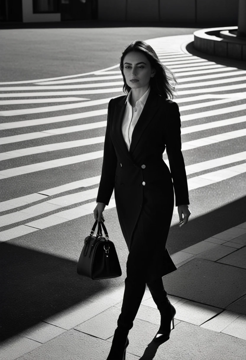 high resolution photography, Woman, impressive use of shadows, in the style of sharp lines and shapes, ultra HD, filmed on a Sony A7III --ar 1:2 --raw style --style 250 black and white image, Woman vestida elegantemente imagem dela de costas