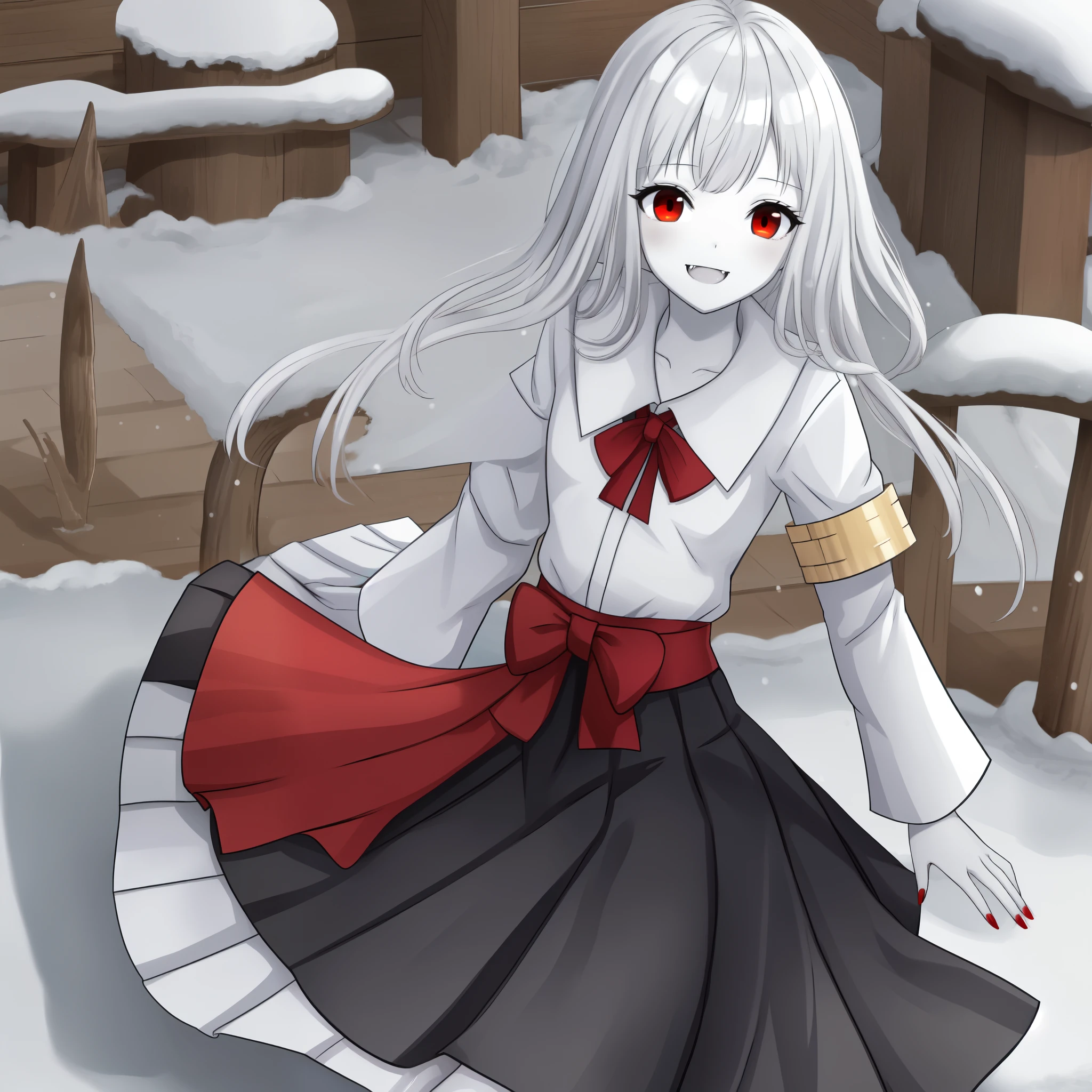 masterpiece、Highest quality，High resolution，snow-white skin、Pure white hair、Vampire Iino Miko、Red eyes、Pure white skin、Red nails、In uniform、skirt、Pure white hairの毛、In uniformで立っている、Very Short Hair、Muscular、Has some fangs、Shiny eyes、Height 180 cm