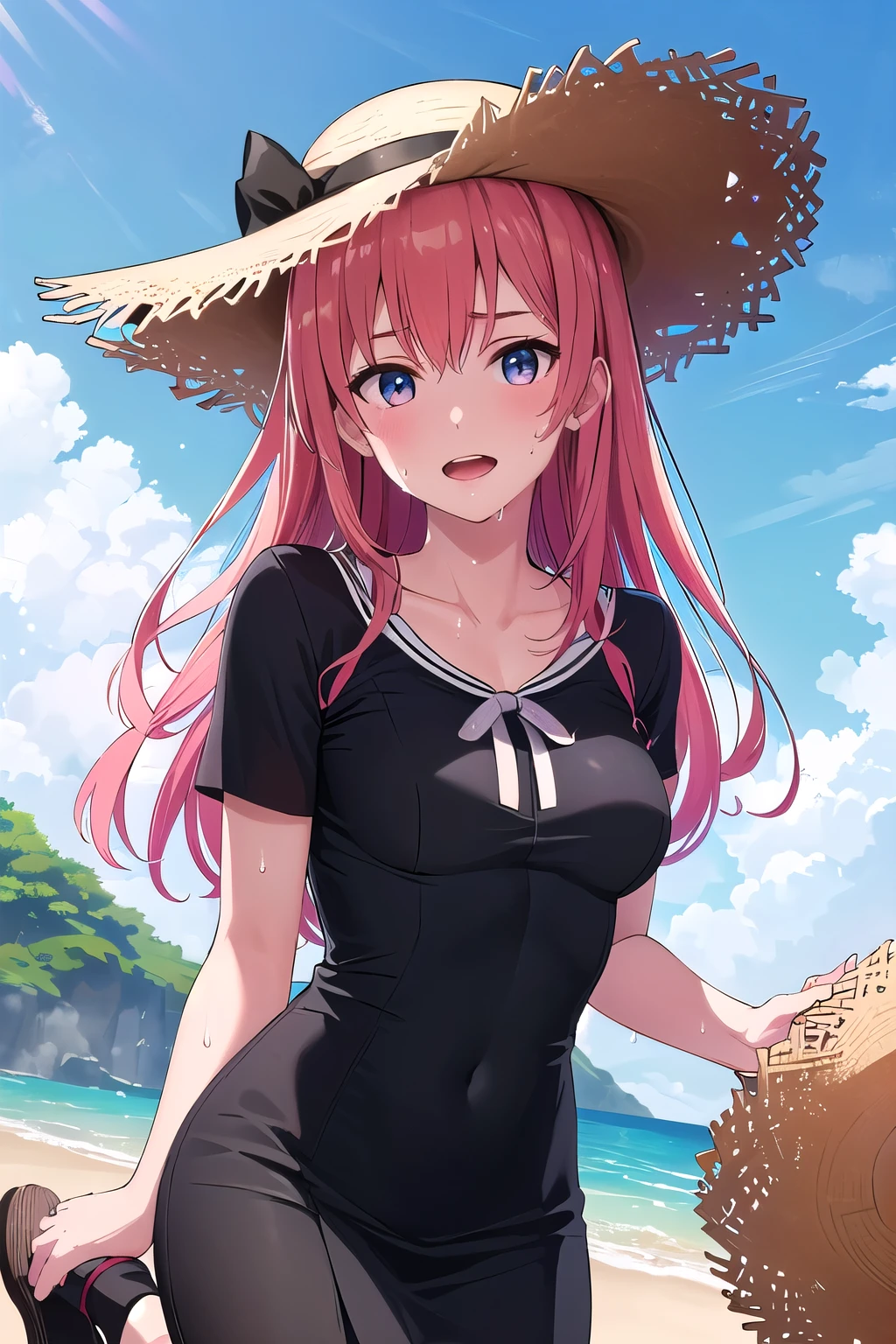 (8K, top-quality, masterpiece:1.2), (reallistic, Photorealsitic:1.37), Super Detail, One girl,), (Highly detailed), (beautifully detailed eyes), (of the highest quality), (super detailed ), (masterpiece), (Detailed face),20yr old, ,1 girl, ((pink hair,long hair)), medium breasts, clothed, Perfect Lighting, BREAK, (black tight dress:1.5), (long skirt:1.3), (embroidered hem:1.2), (Black high-gloss tights: 1.3), (white sandals:1.2), (straw hat:1.5), (white ribbon:1.3), (summer:1.4), (lightweight fabric:1.2), BRAKE, (upper body to thighs:1.2), (long pink hair:1.3), (gentle smile:1.2), (face slightly up:1.2), (holding a straw hat:1.2), (summer sky with cumulus clouds:1.4), (backlit:1.2), BRAKE (sweat:1.5), (steam:1.2), (girl trembling with sexual climax:1.1), (looking at viewer:1.3), (open mouth:1.2),