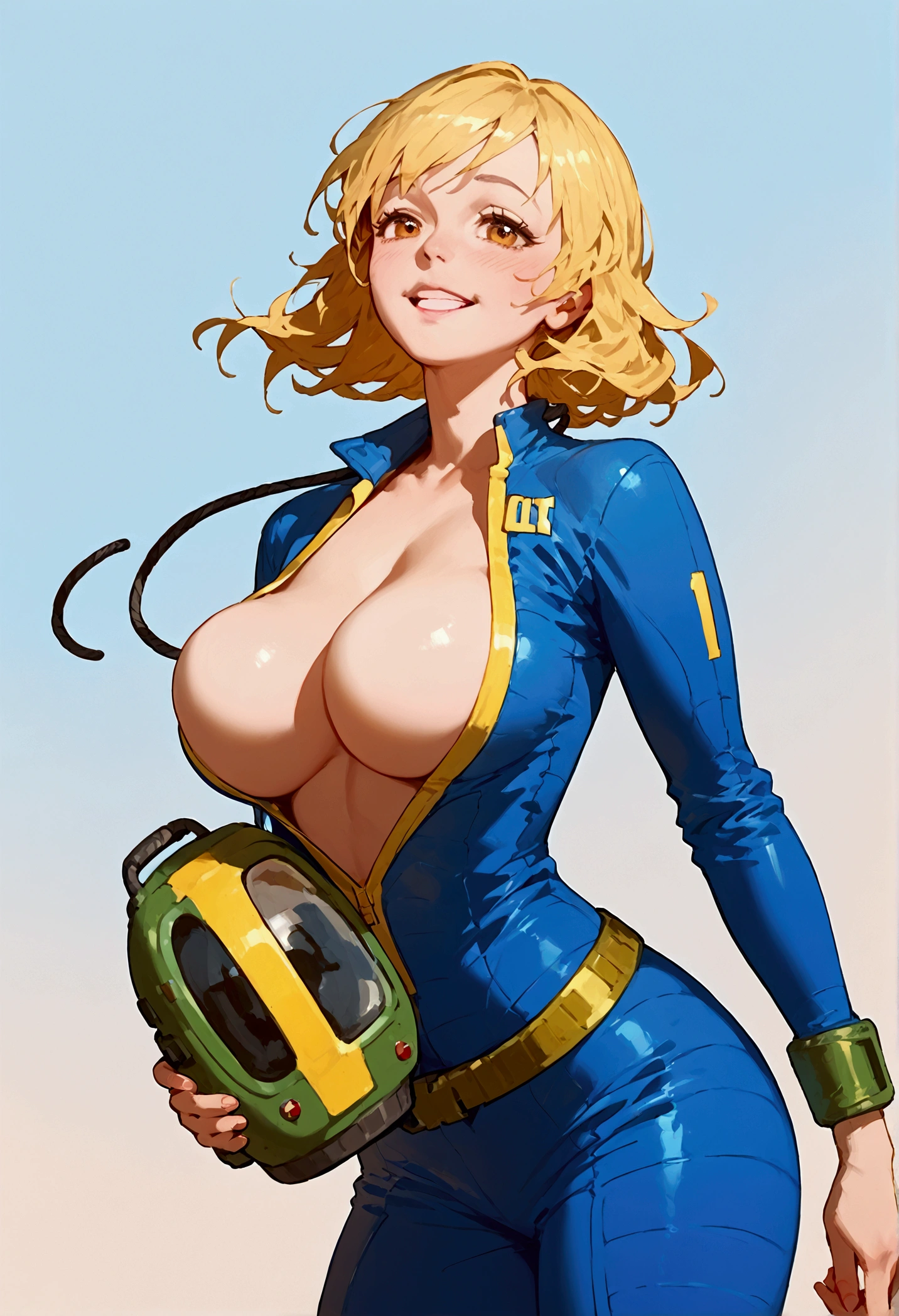 score_9, score_8_up, 1girl, female, solo, score_9, score_8_up, score_7_up, score_6_up, score_5_up, score_4_up, BREAK, 1girl, solo, big breasts, breasts, score_9, score_8_up, score_7_up, 1girl solo, vault_girl, cute face, blonde hair, pip boy, bangs, amber eyes, body suit, , happy, vault tec