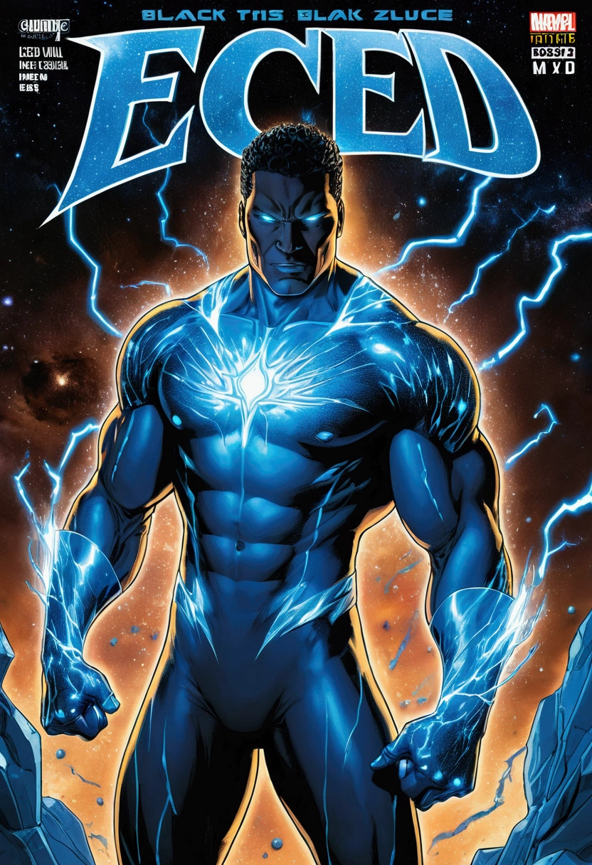 a comic book titled Iced featuring a muscular man wearing a lighting blue suit with blue glowing eyes and lightning and particles trailing off his body in a deep space environment with a surreal galaxy in the background. The villain, named Black Axe, is a man with glowing hands featured in a small rectangular callout on the bottom left of the frame.