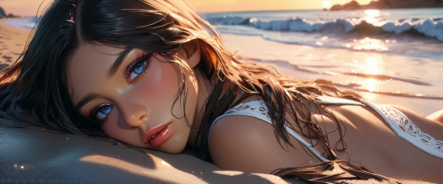 beautiful young woman, 23 years old, sexy swimsuit, lying face down on the beach, detailed face, beautiful detailed eyes, beautiful detailed lips, extremely detailed face, long eyelashes, tanned skin, muscular body, beach, ocean waves, sunset sky, golden hour lighting, cinematic, photorealistic, 8k, high quality, hyper detailed