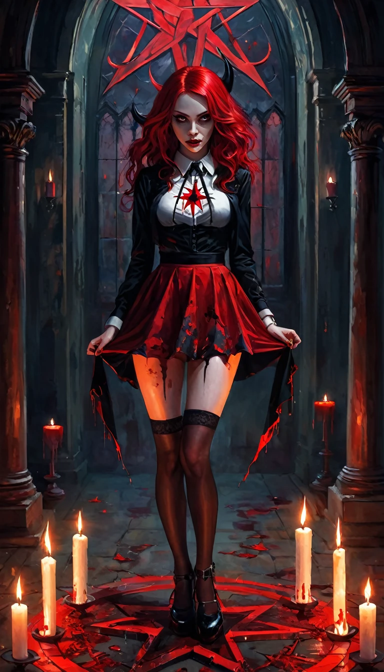 sexy girl, red hair, tight miniskirt, torn stockings, dark room, candles, satanic ritual, satanic star, blood (art inspired by Bill Sienkiewicz). oil painting)
