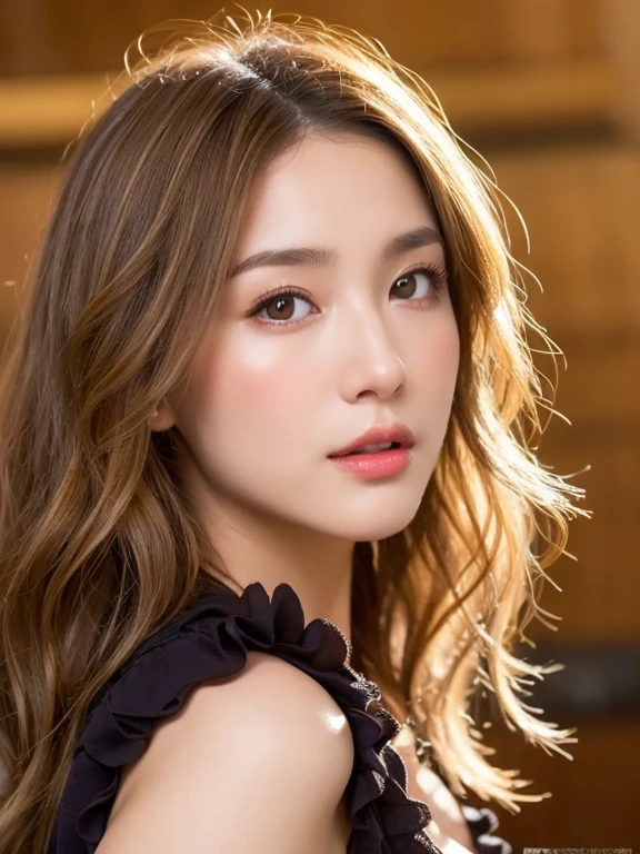 (Photorealistic、Masseter muscle area、Highest quality、High resolution、RAW Photos)、(full body, no cloth, glamorous body)Realistic、Bright lighting、Face Light、Smooth Professional Lighting、pretty girl、Beautiful woman、Modeled、gravure、natural makeup、so beautiful、Realistic and beautiful skin、plum thighs, Beautiful and detailed、Detailed face、Big tits、Cleavage、wavy hair、Brunette colored hair、Brown eyes, sexy face, looking at the camera、take a picture, Seductive Pose, angle from below, Sexy and luxurious tops