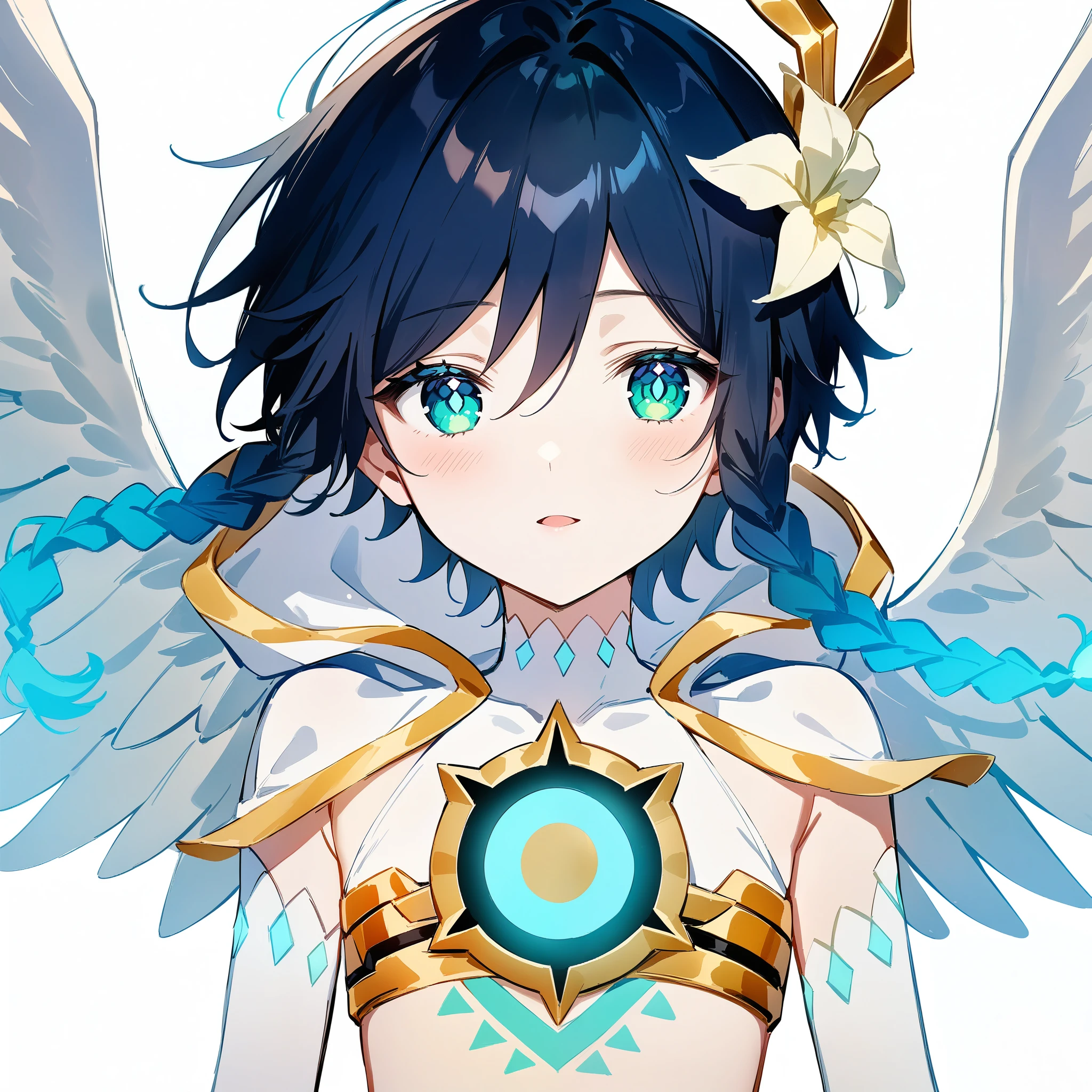 (masterpiece,best quality,4k,8k,absurdres:1.2),agahari,aoi nanase,((illustrated by carnelian)),sharp and clear, wide blue slit pupils, green eyes, perfect face, 1boy, flat chest,venti_\(archon\)_\(genshin_impact\),bare stomach,graceful,(face focus,detailed_eyes),gradient_hair,chest_tattoo,(thigh_tattoo left thigh),flirtatious,seductive,dsmile,large fluffy angel wings,otoko no ko, legs crossed,(white single_thighhigh right thigh),slim,slender,realistic:.25