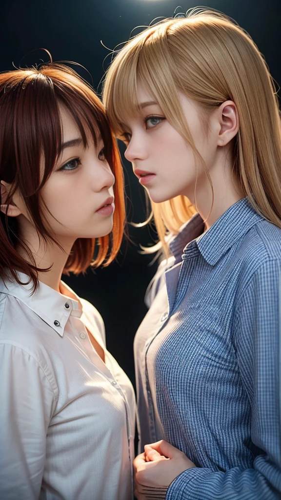 (Natural strawberry blonde and redhead girls with pretty faces), Cute pose, wearing a button shirt, body, skinny, Atmospheric, Dark atmosphere, Edge lighting, Sayaka Yamamoto, Saito Asuka, Mao Akiyama's facial features, 8K, Full body portrait, Elegant outfit, Natural light, Spooky greenhouse at night, Sharp focus, (Highly detailed eyes and face, Professional photography techniques), (Beautiful small face, beautiful girl, high , Idol Face, Baby Face:1.4)Happy, K UHD, Hmph, Beautiful and soft skin, Vibrant Skin, blush, (Chirarizum:1.3, Unbutton your shirt:1.2), Beautiful breasts, Cleavage, (Small beautiful butt), The optimal ratio is four fingers to one thumb, Perfect proportions, (Perfect Anatomy:1.3), (Highest quality, Masterpiece, Highest quality, Ultra high definition, Photorealism:1.4), ((beautiful girl二人がお互いに見つめ合う, French Kiss))
