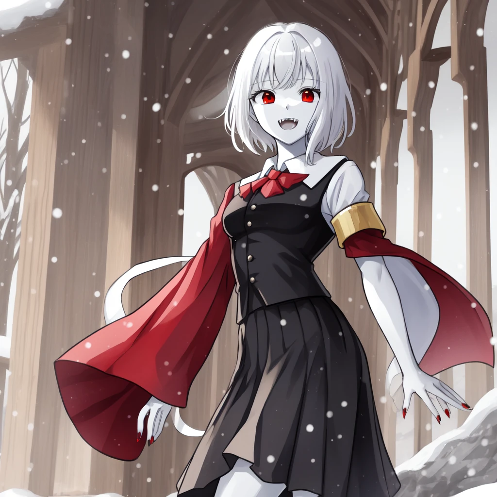 masterpiece、Highest quality，High resolution，snow-white skin、Pure white hair、Vampire Iino Miko、Red eyes、Pure white skin、Red nails、In uniform、skirt、Pure white hairの毛、In uniformで立っている、Very Short Hair、Muscular、Has some fangs、Shiny eyes、Height 180 cm