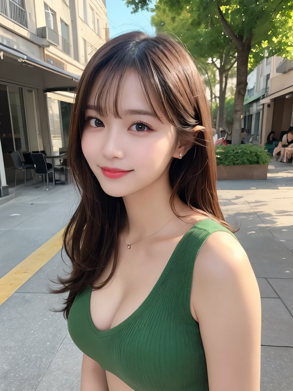 masterpiece, Best Quality, Illustration, Ultra-detailed, finely detail, highlight resolution, 8K Wallpaper, Perfect dynamic composition, Beautiful detailed eyes, Women's Fashion Summer, Medium brown Hair, Normal breasts natural color lip, Bold sexy poses, Smile, Green park terrace, 28 years girl, Cute, Sexy shot looking at camera, Random body orientation,