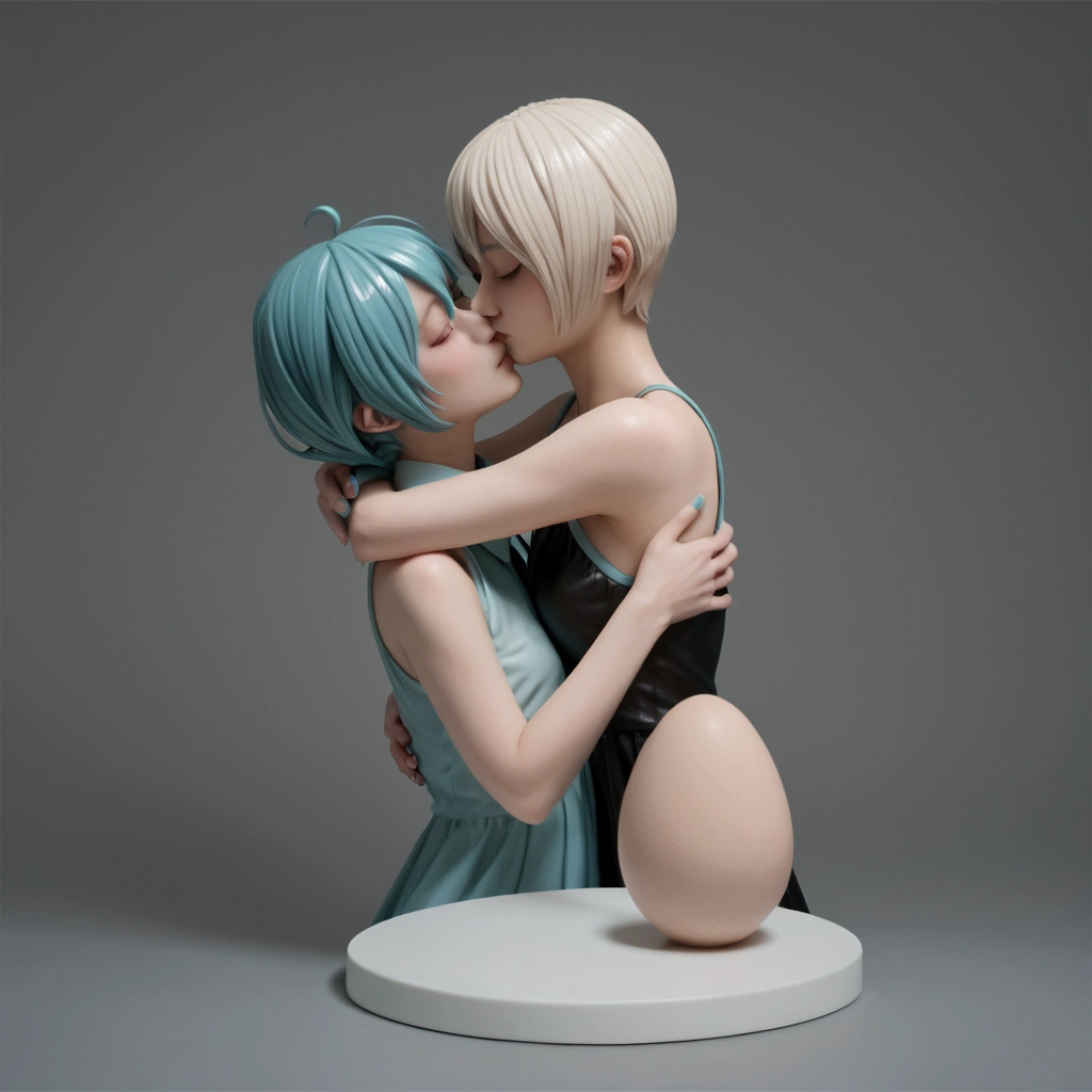 score_9, score_8_up, score_7_up, score_6_up, score_9,score_8_up,score_7_up,Hatsune Miku, hug, kiss,one egg head mannequin, dynamic composition, surreal, photorealistic, Dutch angle,