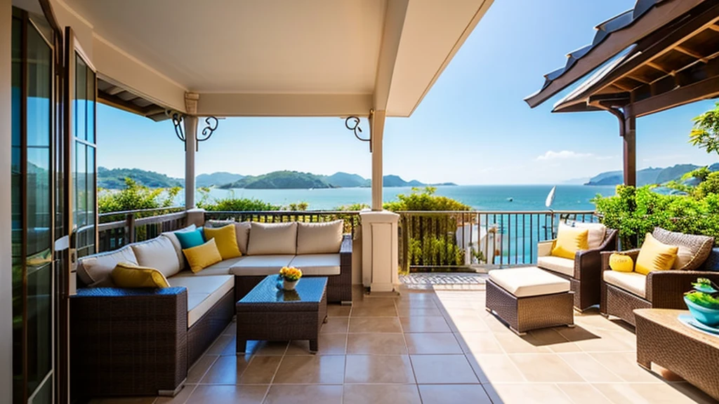 coastal、Woman spending time with cat on terrace、A pleasant breeze blows、chairs and tables、Daytime、House with sea view、